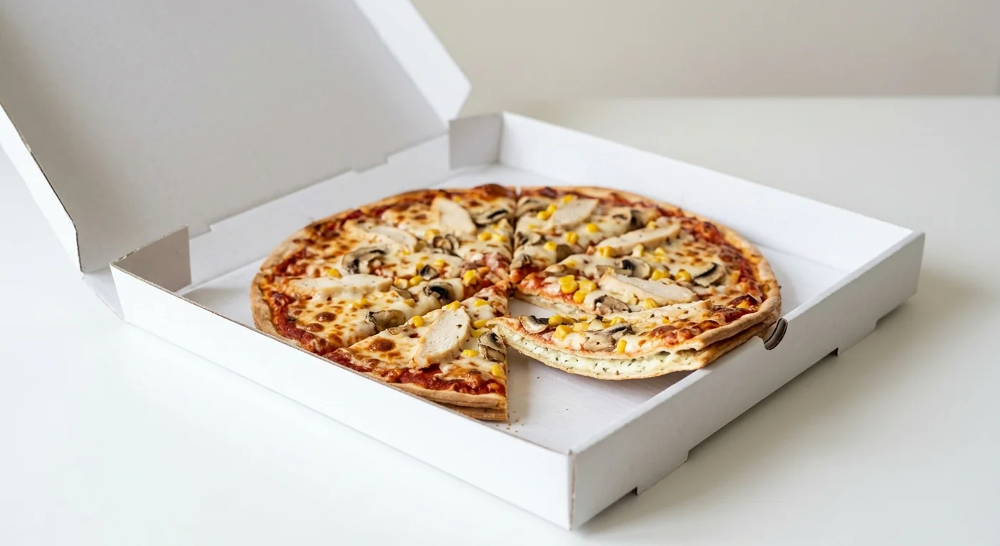 Domino's Chicken Feast (Double Decadence), whole Double Decadence pizza with chicken, mushrooms and sweetcorn in a takeaway pizza box, nutrition and calories