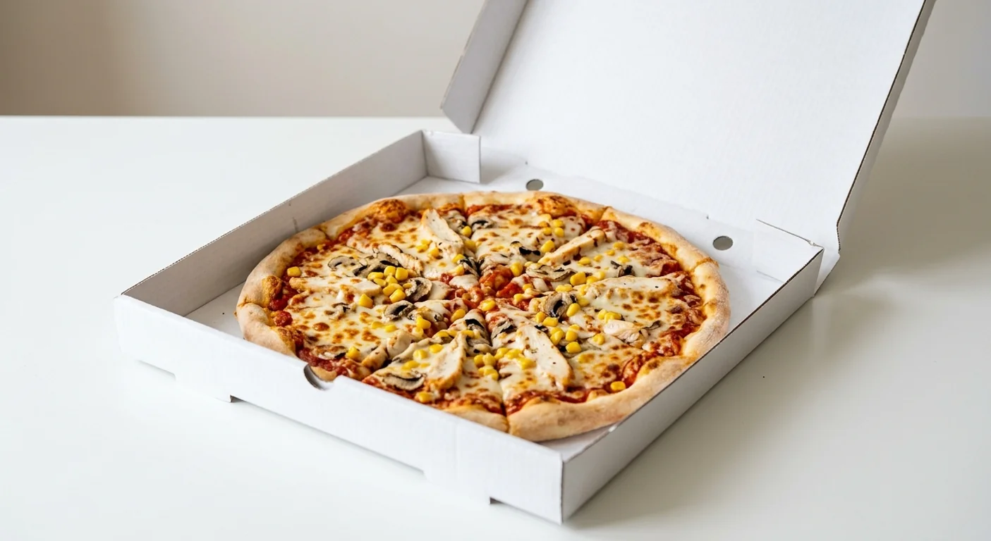 Domino's Chicken Feast (Classic Crust), whole Classic Crust pizza with chicken, mushrooms and sweetcorn in a takeaway pizza box, nutrition and calories