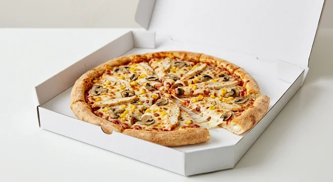 Domino's Chicken Feast (Stuffed Crust), whole Stuffed Crust pizza with chicken, mushrooms and sweetcorn in a takeaway pizza box, nutrition and calories