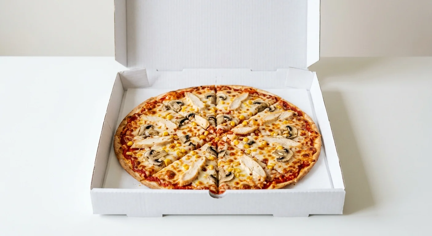 Domino's Chicken Feast (Thin & Crispy), whole Thin & Crispy pizza with chicken, mushrooms and sweetcorn in a takeaway pizza box, nutrition and calories