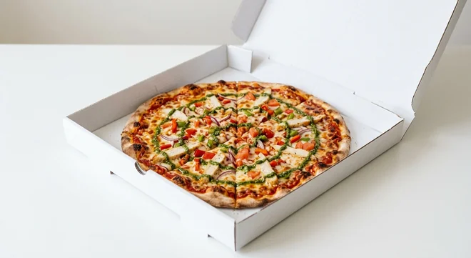 Domino's Classico Chicken & Pesto, whole Italian Style pizza with chicken, pesto, red onion and peppers in a takeaway pizza box, nutrition and calories