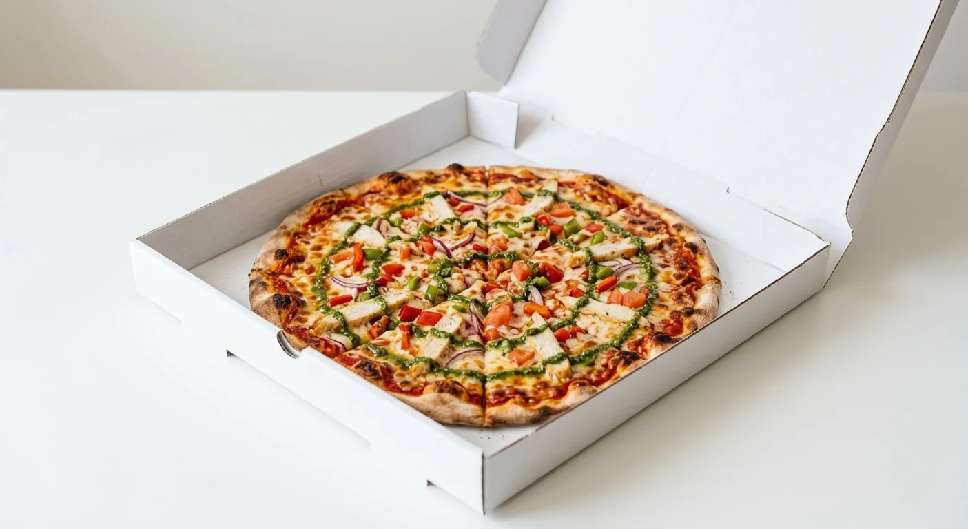 Domino's Classico Chicken & Pesto, whole Italian Style pizza with chicken, pesto, red onion and peppers in a takeaway pizza box, nutrition and calories