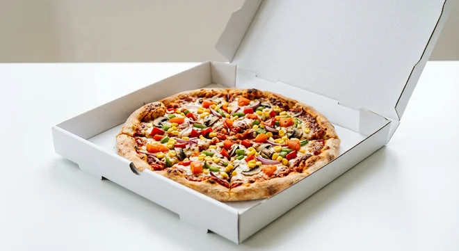 Domino's Delight Vegi, whole Classic Crust pizza with red onion, peppers, mushrooms and tomato in a takeaway pizza box, nutrition and calories