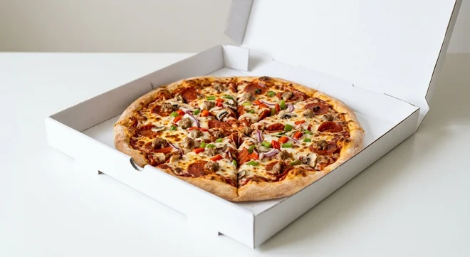 Domino's Deluxe (Classic Crust), whole Classic Crust pizza with pepperoni, sausage, red onion and peppers in a takeaway pizza box, nutrition and calories