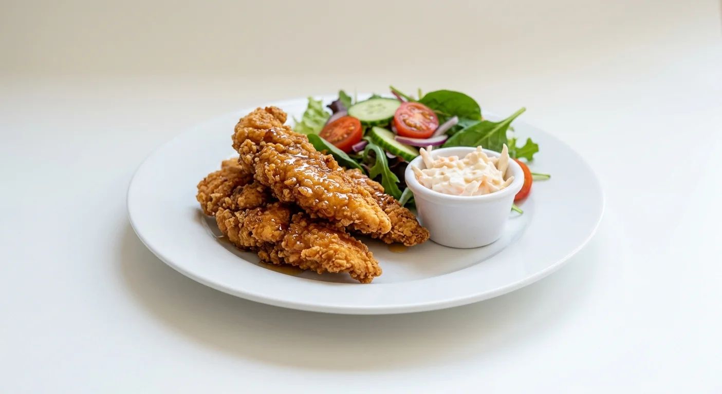 Wetherspoon Southern-Fried Chicken Strips Basket with Side Salad, southern-fried chicken strips in honey glaze with coleslaw and side salad on a white plate, nutrition and calories