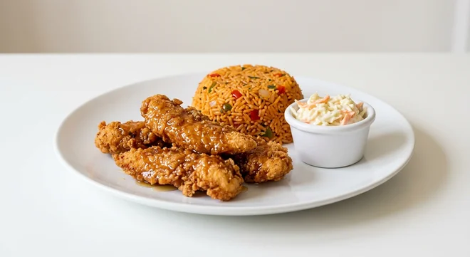 Wetherspoon Southern-Fried Chicken Strips Basket with Spicy Rice, southern-fried chicken strips in honey glaze with coleslaw and spicy rice on a white plate, nutrition and calories