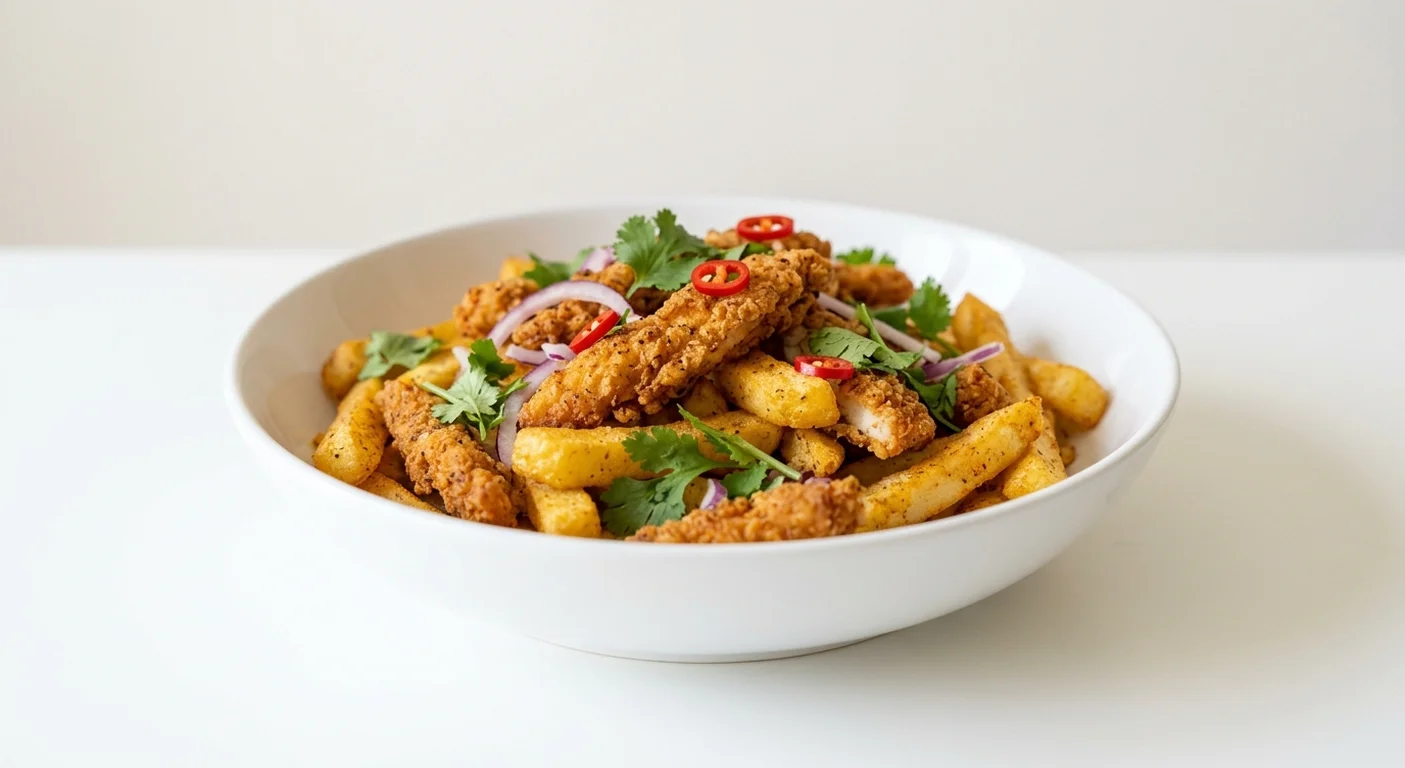 Wetherspoon Spice Bag with Chips, spiced crispy chicken with red onion, chilli and coriander mixed through chips in a white bowl, nutrition and calories