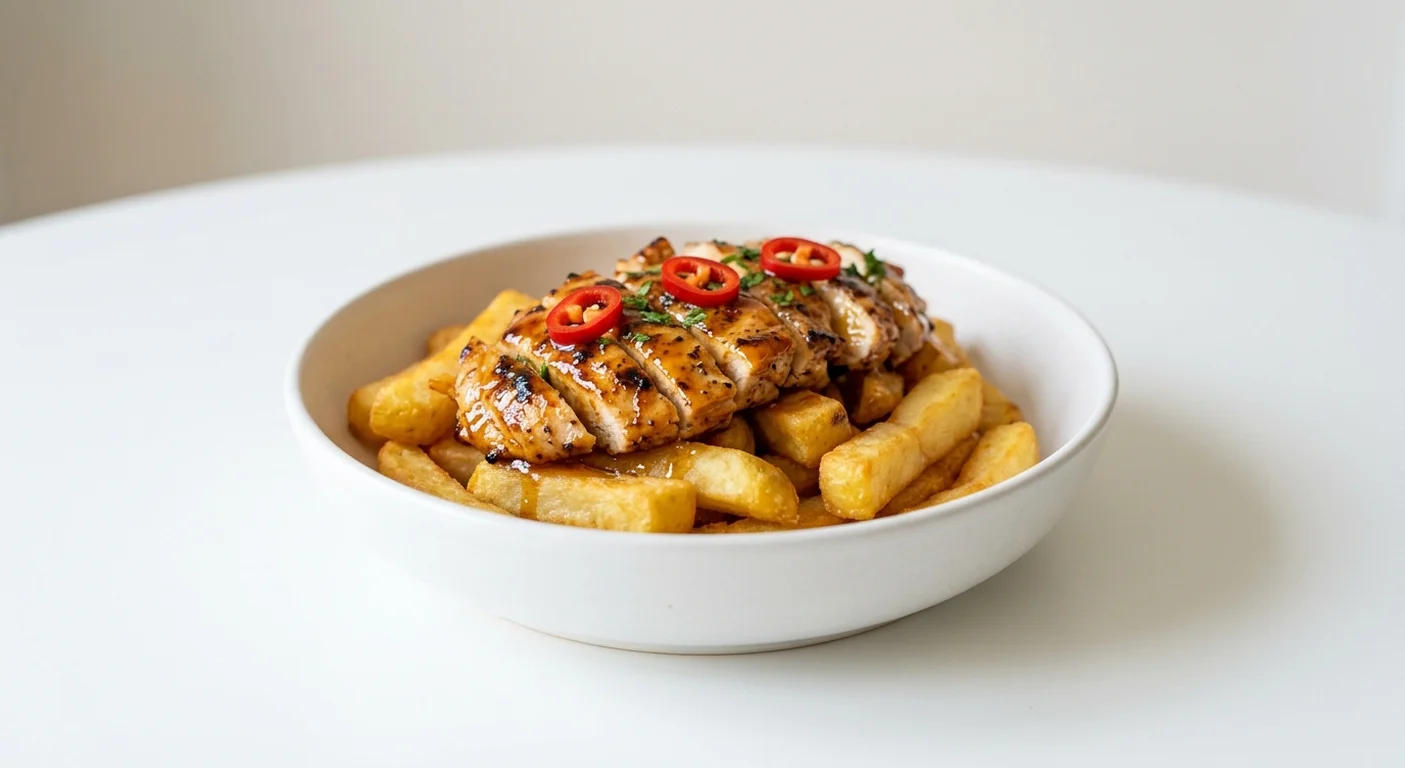 Wetherspoon Sticky Hot Honey Grilled Chicken Bowl with Chips, sliced grilled chicken in hot honey sauce with red chillies on chips in a white bowl, nutrition and calories