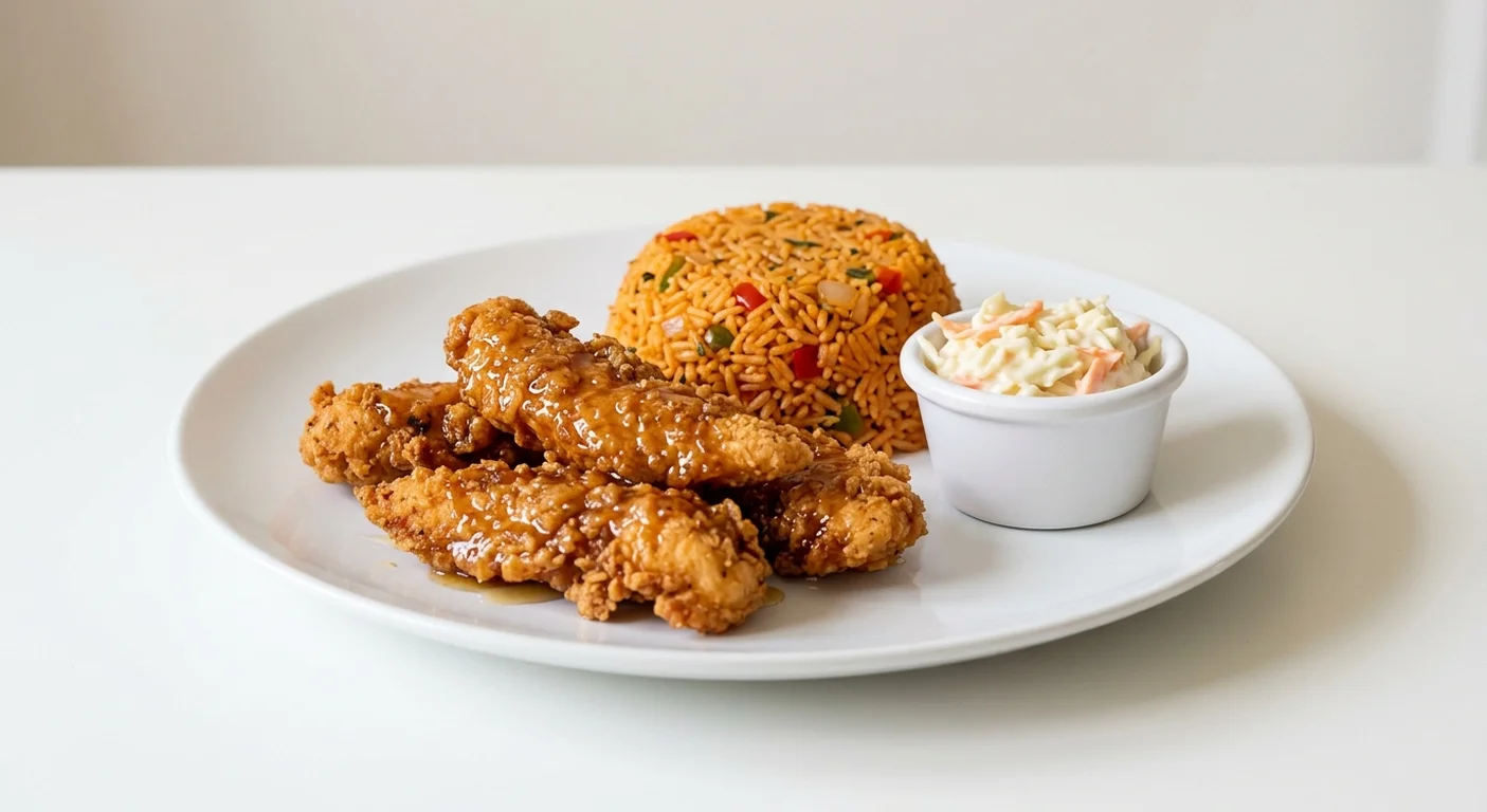 Wetherspoon Southern-Fried Chicken Strips Basket with Spicy Rice, southern-fried chicken strips in honey glaze with coleslaw and spicy rice on a white plate, nutrition and calories