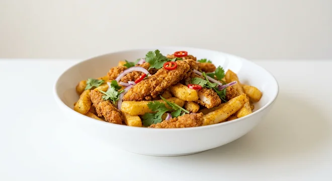 Wetherspoon Spice Bag with Chips, spiced crispy chicken with red onion, chilli and coriander mixed through chips in a white bowl, nutrition and calories