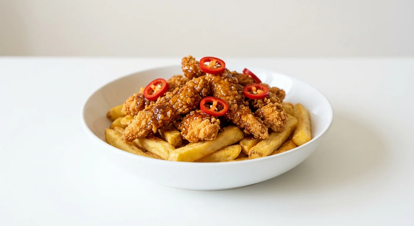 Wetherspoon Sticky Hot Honey Fried Chicken Bowl with Chips, fried chicken in hot honey sauce with red chillies on chips in a white bowl, nutrition and calories