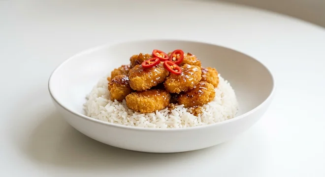 Wetherspoon Sticky Hot Honey 'No Chicken' Bowl with Coconut-Flavour Rice, Quorn nuggets in hot honey sauce with red chillies on coconut rice in a white bowl, nutrition and calories