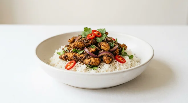 Wetherspoon Spice Bag with Coconut-Flavour Rice, spiced crispy chicken with red onion, chilli and coriander on coconut rice in a white bowl, nutrition and calories