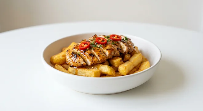 Wetherspoon Sticky Hot Honey Grilled Chicken Bowl with Chips, sliced grilled chicken in hot honey sauce with red chillies on chips in a white bowl, nutrition and calories