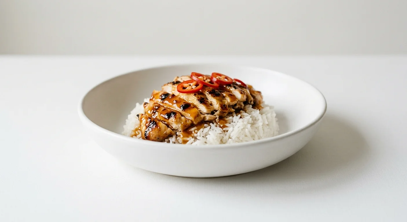Wetherspoon Sticky Hot Honey Grilled Chicken Bowl with Coconut-Flavour Rice, sliced grilled chicken in hot honey sauce with red chillies on coconut rice in a white bowl, nutrition and calories