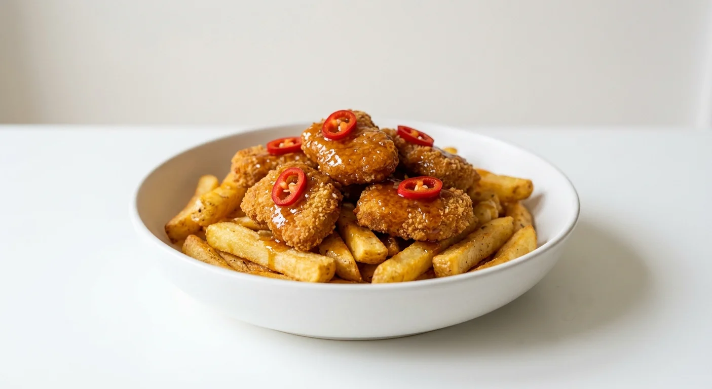 Wetherspoon Sticky Hot Honey 'No Chicken' Bowl with Chips, Quorn nuggets in hot honey sauce with red chillies on chips in a white bowl, nutrition and calories