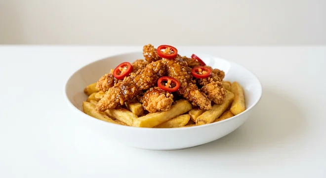 Wetherspoon Sticky Hot Honey Fried Chicken Bowl with Chips, fried chicken in hot honey sauce with red chillies on chips in a white bowl, nutrition and calories