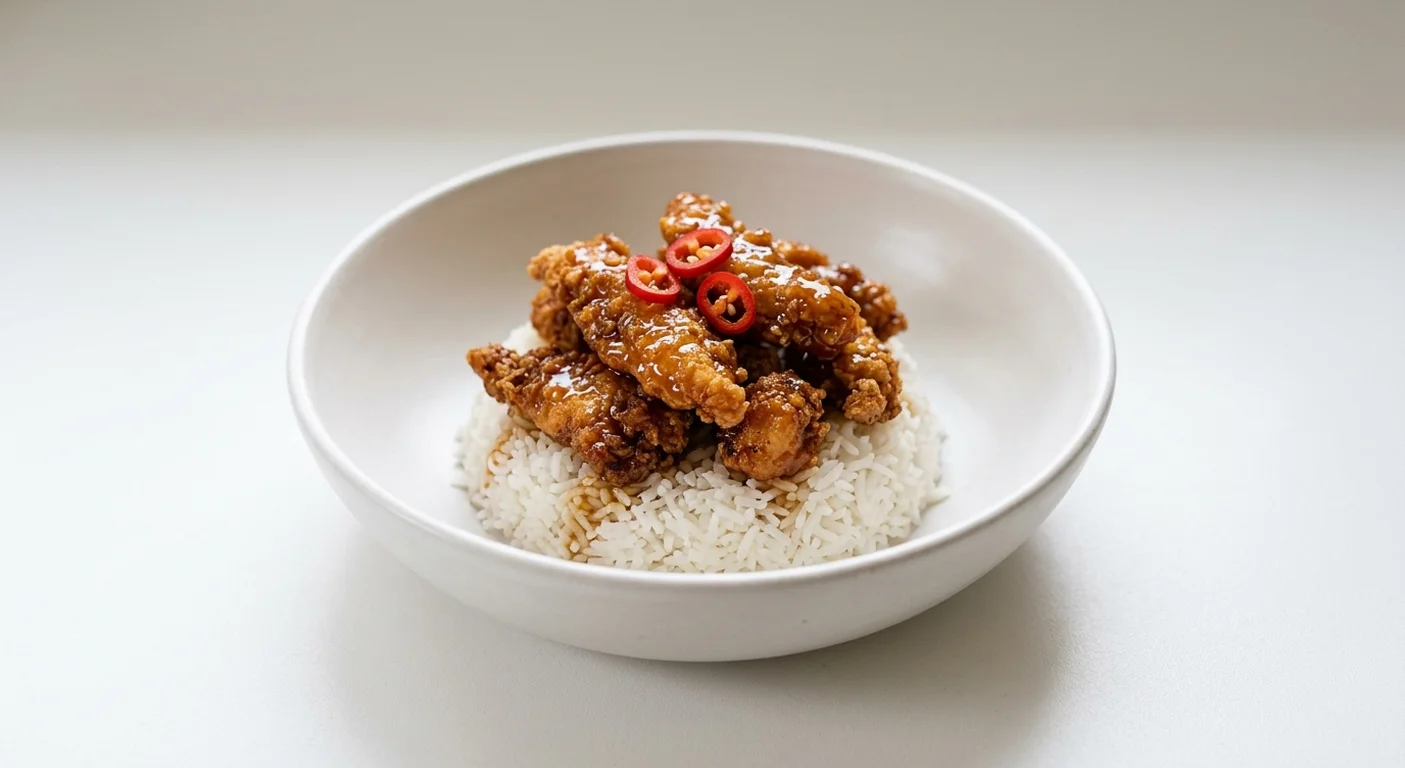 Wetherspoon Sticky Hot Honey Fried Chicken Bowl with Coconut-Flavour Rice, fried chicken in hot honey sauce with red chillies on coconut rice in a white bowl, nutrition and calories