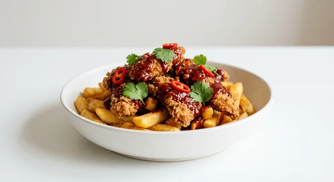 Wetherspoon Sticky Korean Fried Chicken Bowl with Chips, fried chicken in Korean-style BBQ sauce with chillies and coriander on chips in a white bowl, nutrition and calories