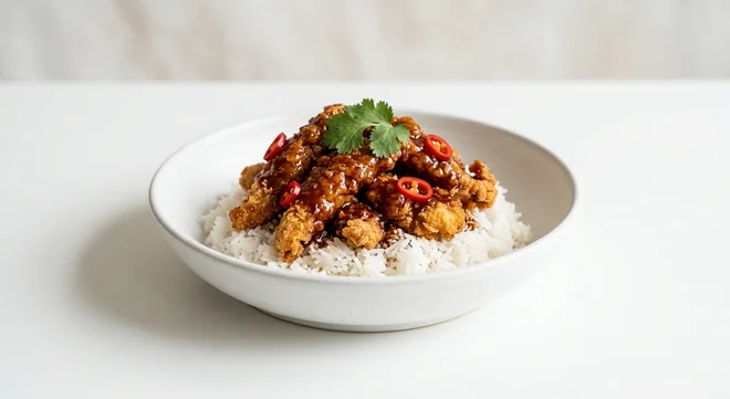 Wetherspoon Sticky Korean Fried Chicken Bowl with Coconut-Flavour Rice, fried chicken in Korean-style BBQ sauce with chillies and coriander on coconut rice in a white bowl, nutrition and calories