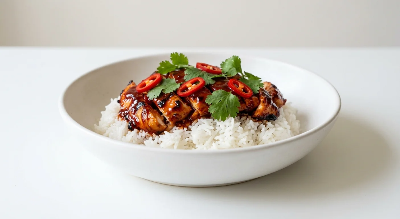 Wetherspoon Sticky Korean Grilled Chicken Bowl with Coconut-Flavour Rice, grilled chicken in Korean-style BBQ sauce with chillies and coriander on coconut rice in a white bowl, nutrition and calories