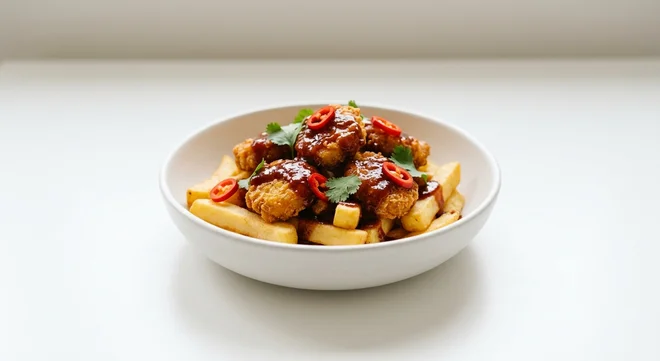 Wetherspoon Sticky Korean Fried Quorn 'No Chicken' Bowl with Chips, Quorn nuggets in Korean-style BBQ sauce with chillies and coriander on chips in a white bowl, nutrition and calories