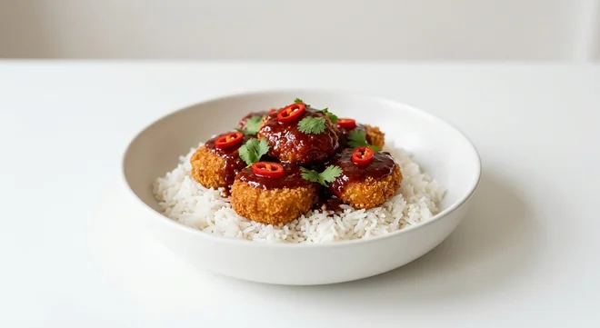 Wetherspoon Sticky Korean Fried Quorn 'No Chicken' Bowl with Coconut-Flavour Rice, Quorn nuggets in Korean-style BBQ sauce with chillies and coriander on coconut rice in a white bowl, nutrition and calories