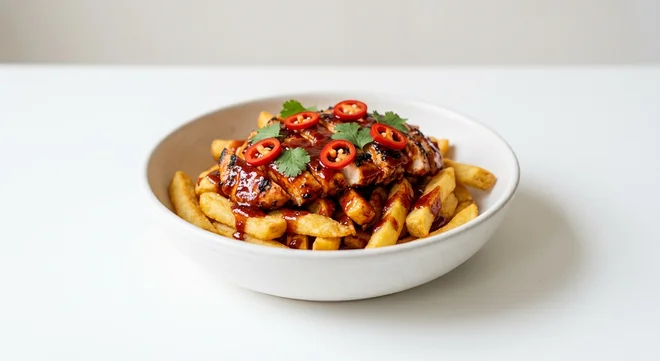Wetherspoon Sticky Korean Grilled Chicken Bowl with Chips, grilled chicken in Korean-style BBQ sauce with chillies and coriander on chips in a white bowl, nutrition and calories