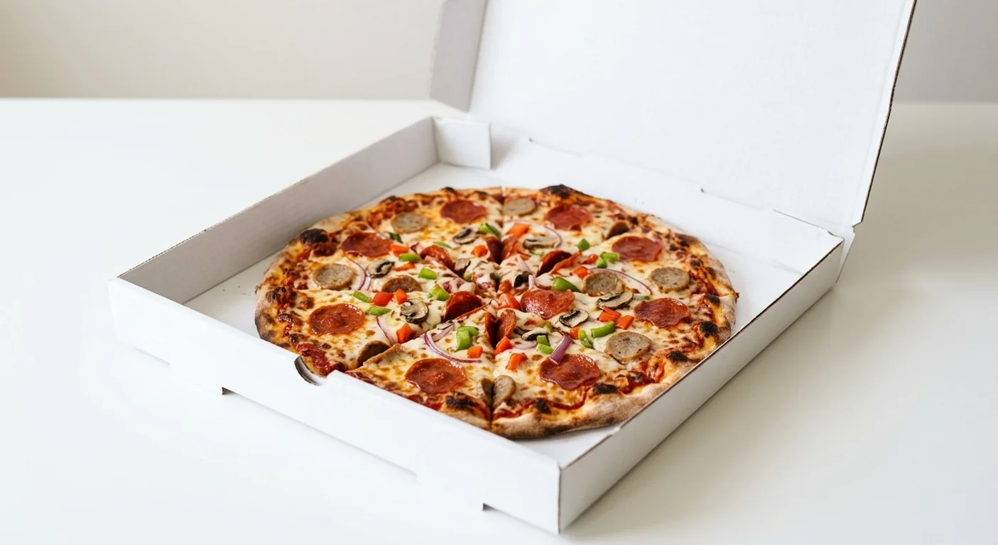 Domino's Deluxe (Italian Style Crust), whole Italian Style pizza with pepperoni, sausage, red onion and peppers in a takeaway pizza box, nutrition and calories