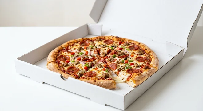 Domino's Deluxe (Stuffed Crust), whole Stuffed Crust pizza with pepperoni, sausage, red onion and peppers in a takeaway pizza box, nutrition and calories