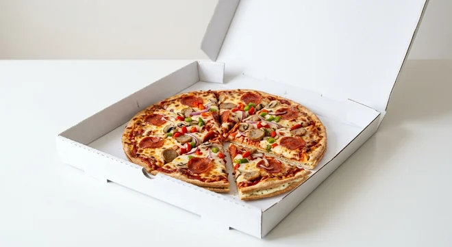 Domino's Deluxe (Double Decadence), whole Double Decadence pizza with pepperoni, sausage, red onion and peppers in a takeaway pizza box, nutrition and calories