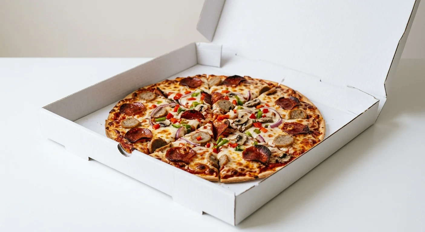 Domino's Deluxe (Thin & Crispy), whole Thin & Crispy pizza with pepperoni, sausage, red onion and peppers in a takeaway pizza box, nutrition and calories