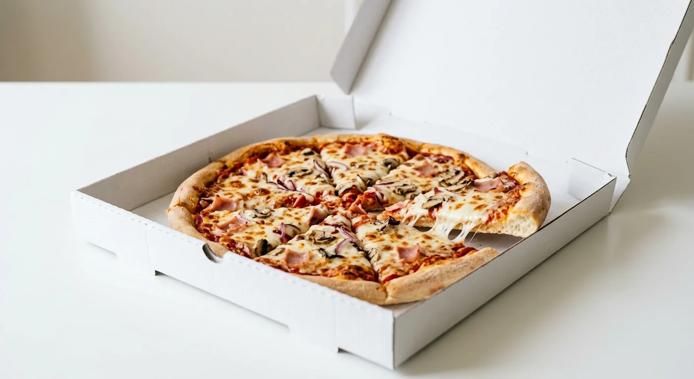 Domino's Farmhouse (Stuffed Crust), whole Stuffed Crust pizza with ham, red onion and mushrooms in a takeaway pizza box, nutrition and calories
