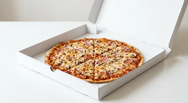 Domino's Farmhouse (Thin & Crispy), whole Thin & Crispy pizza with ham, red onion and mushrooms in a takeaway pizza box, nutrition and calories