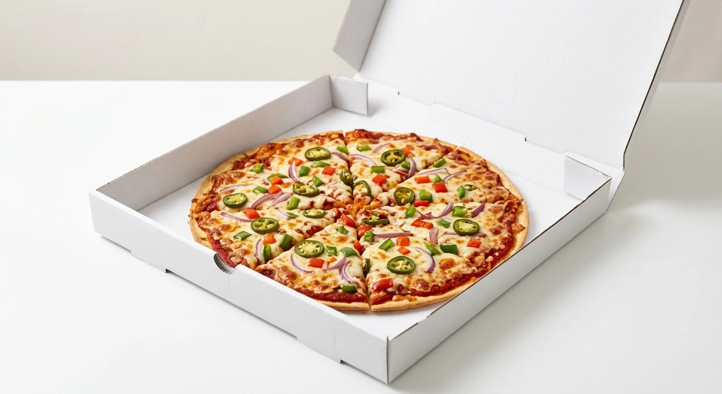 Domino's Fiery Vegi Sizzler (Thin & Crispy), whole Thin & Crispy pizza with red onion, peppers, jalapeños and green chillies in a takeaway pizza box, nutrition and calories
