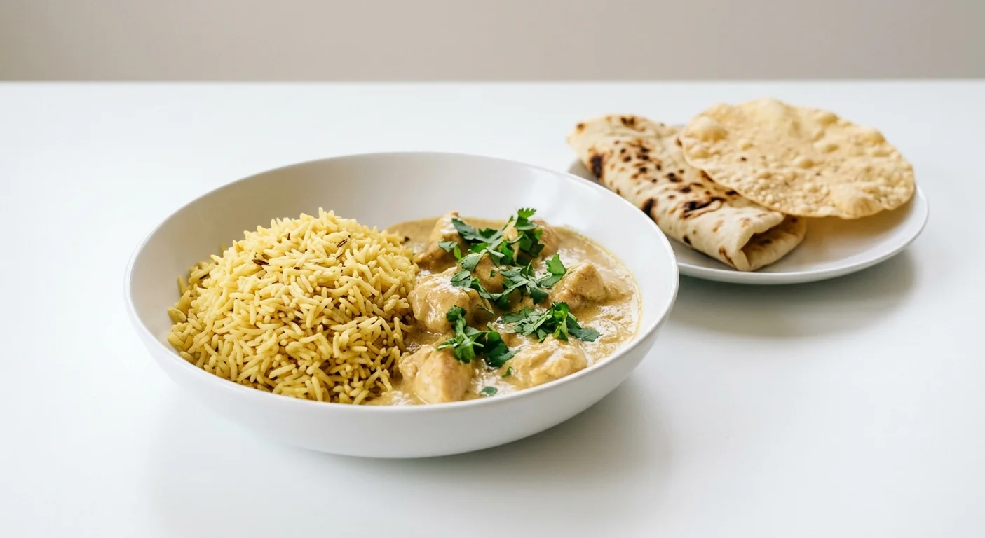 Wetherspoon Chicken Korma, creamy chicken korma and pilau rice in a white bowl with naan and poppadom, nutrition and calories