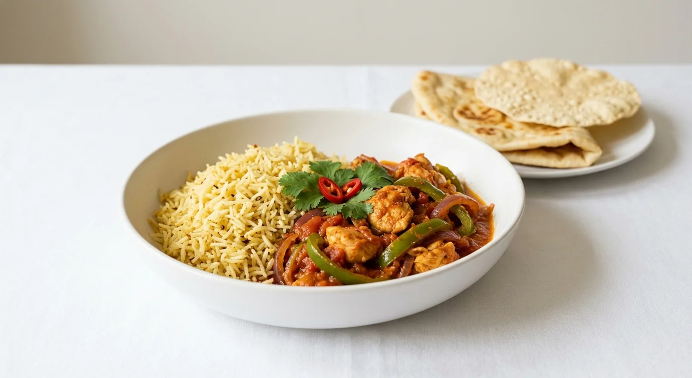 Wetherspoon Chicken Jalfrezi, chicken jalfrezi with peppers and onions and pilau rice in a white bowl with naan and poppadom, nutrition and calories