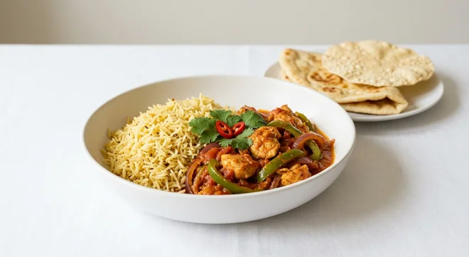 Wetherspoon Chicken Jalfrezi, chicken jalfrezi with peppers and onions and pilau rice in a white bowl with naan and poppadom, nutrition and calories