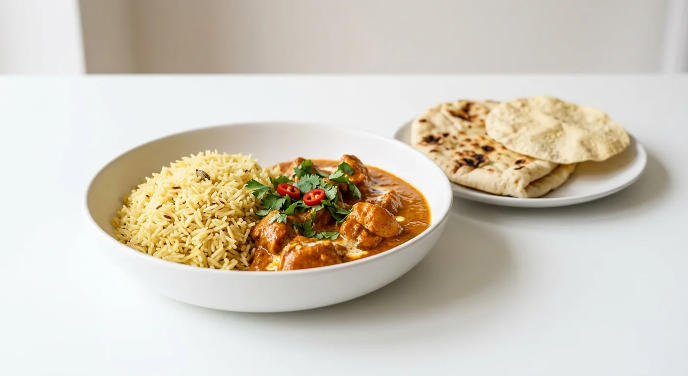 Wetherspoon Chicken Tikka Masala, chicken tikka masala and pilau rice in a white bowl with naan and poppadom, nutrition and calories