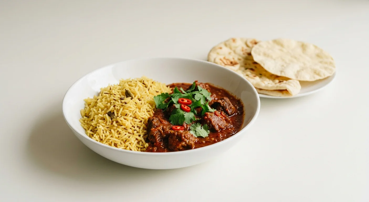Wetherspoon Beef Madras, beef madras and pilau rice in a white bowl with naan and poppadom, nutrition and calories