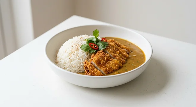 Wetherspoon Katsu Chicken Curry, sliced fried buttermilk chicken with katsu curry sauce and coconut rice in a white bowl, nutrition and calories