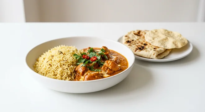 Wetherspoon Chicken Tikka Masala, chicken tikka masala and pilau rice in a white bowl with naan and poppadom, nutrition and calories