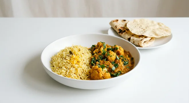 Wetherspoon Mangalorean Roasted Cauliflower & Spinach Curry, roasted cauliflower and spinach curry and pilau rice in a white bowl with naan and poppadom, nutrition and calories