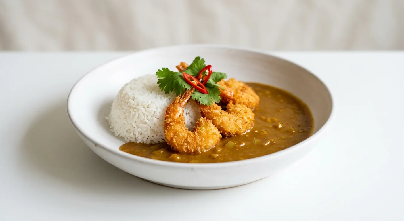 Wetherspoon Katsu Spicy Prawn Curry, breaded spicy king prawns with katsu curry sauce and coconut rice in a white bowl, nutrition and calories