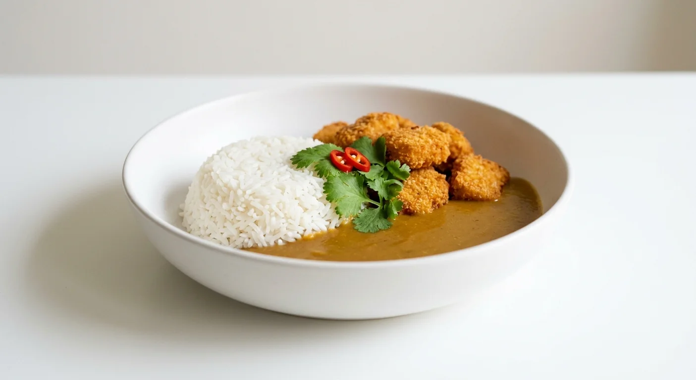 Wetherspoon Katsu Quorn Nugget Curry, breaded Quorn nuggets with katsu curry sauce and coconut rice in a white bowl, nutrition and calories