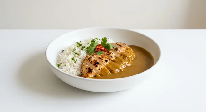 Wetherspoon Katsu Grilled Chicken Curry, sliced grilled chicken breast with katsu curry sauce and coconut rice in a white bowl, nutrition and calories