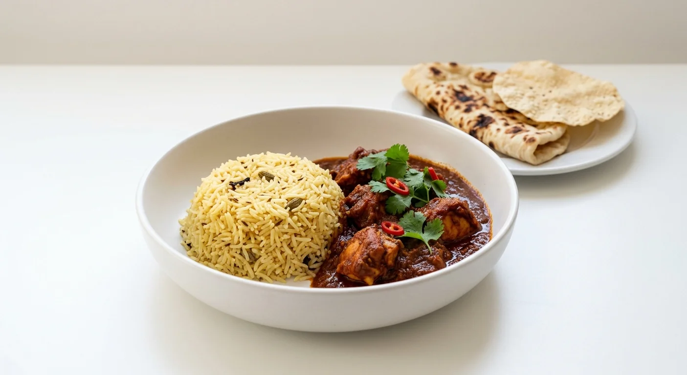 Wetherspoon Naga Chilli Chicken Vindaloo, chicken vindaloo and pilau rice in a white bowl with naan and poppadom, nutrition and calories