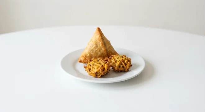Wetherspoon One Vegetable Samosa and Two Onion Bhajis, one vegetable samosa and two onion bhajis on a white plate, nutrition and calories