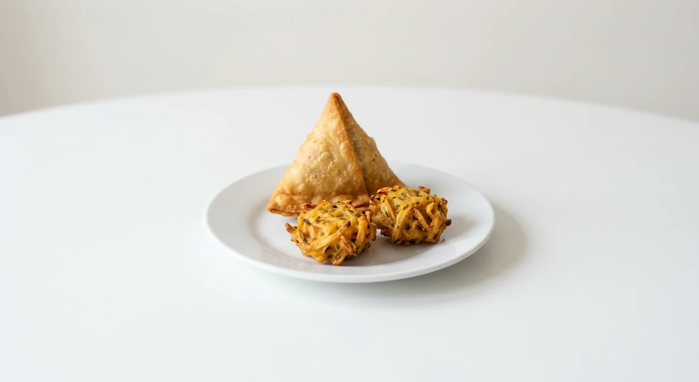 Wetherspoon One Vegetable Samosa and Two Onion Bhajis, one vegetable samosa and two onion bhajis on a white plate, nutrition and calories