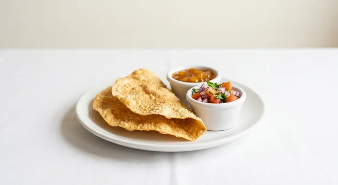 Wetherspoon Poppadums and Dips, two poppadoms with mango chutney and red onion, tomato and coriander on a white plate, nutrition and calories